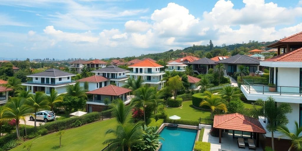 Luxurious family-friendly neighborhood in Phuket with tropical scenery.