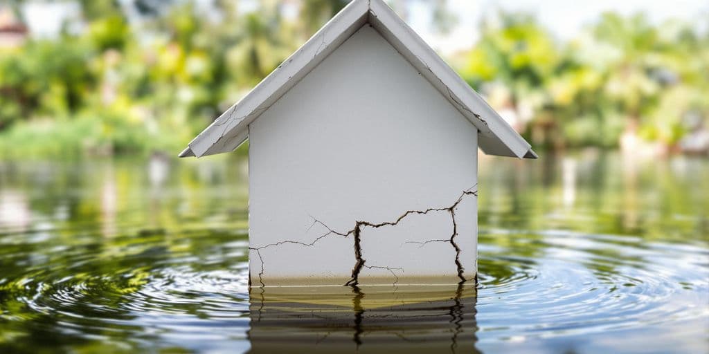 Cracked miniature house, sinking into water