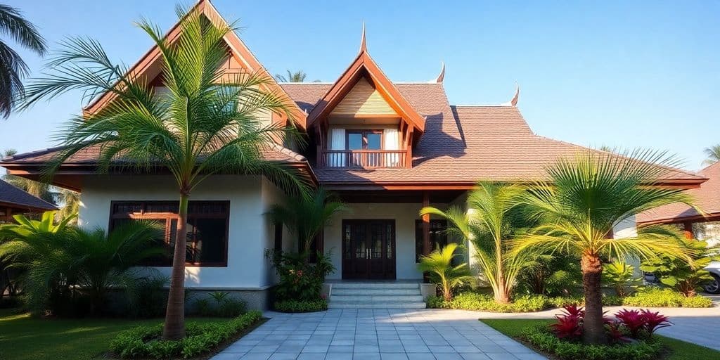 Modern Thai house, vibrant tropical garden, wooden details, open verandas.