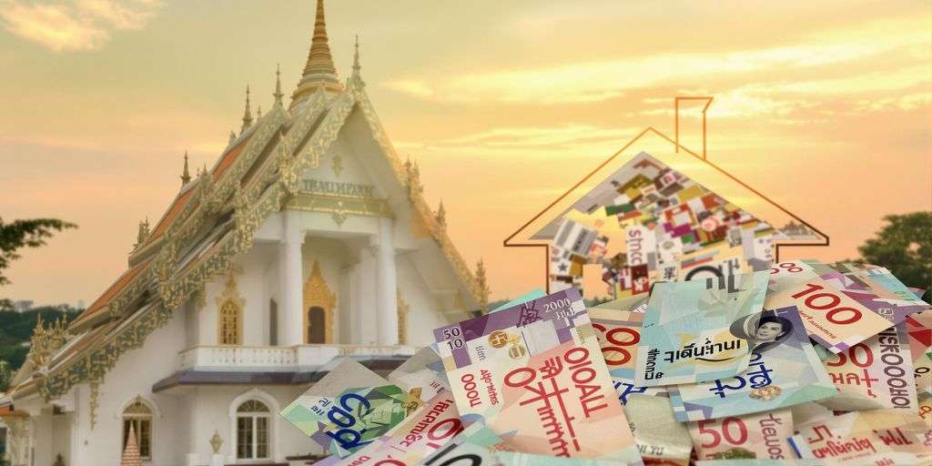 Thai temple alongside currency and property.