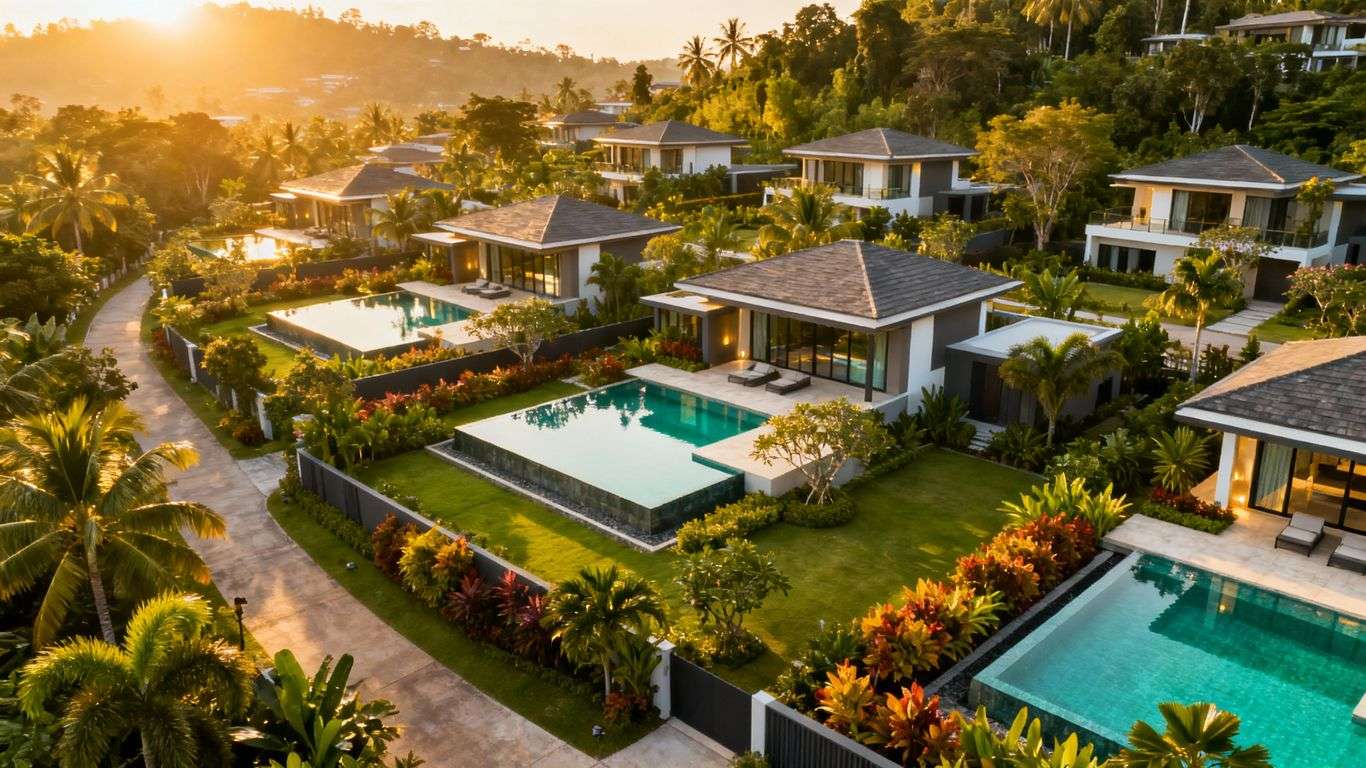 Luxurious villas with pools in a Phuket gated community.
