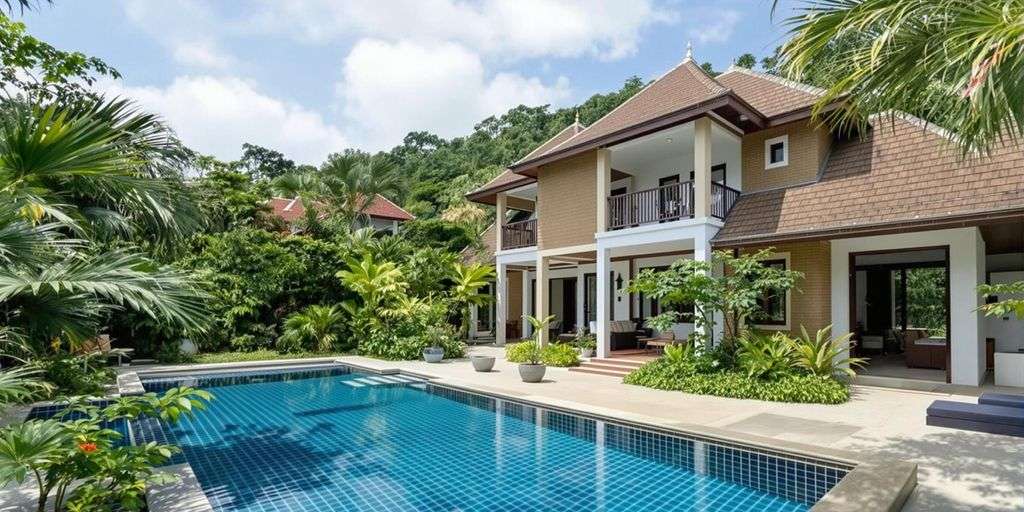 Phuket villa with a tropical garden and clear blue pool.