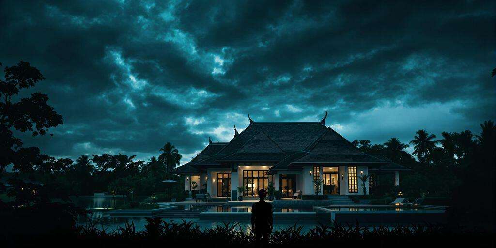 Thai villa with a person looking worriedly at it.