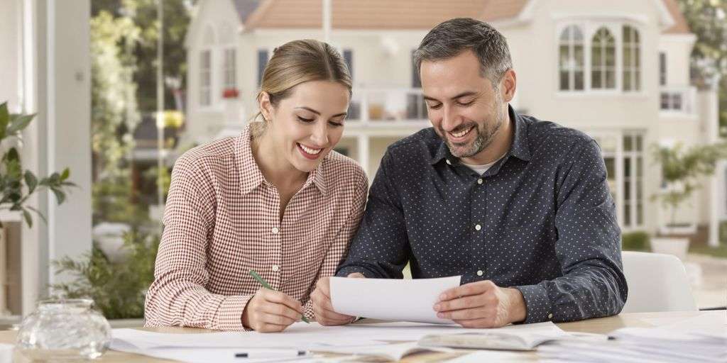 Couple reviewing documents at a table with a house in the background.