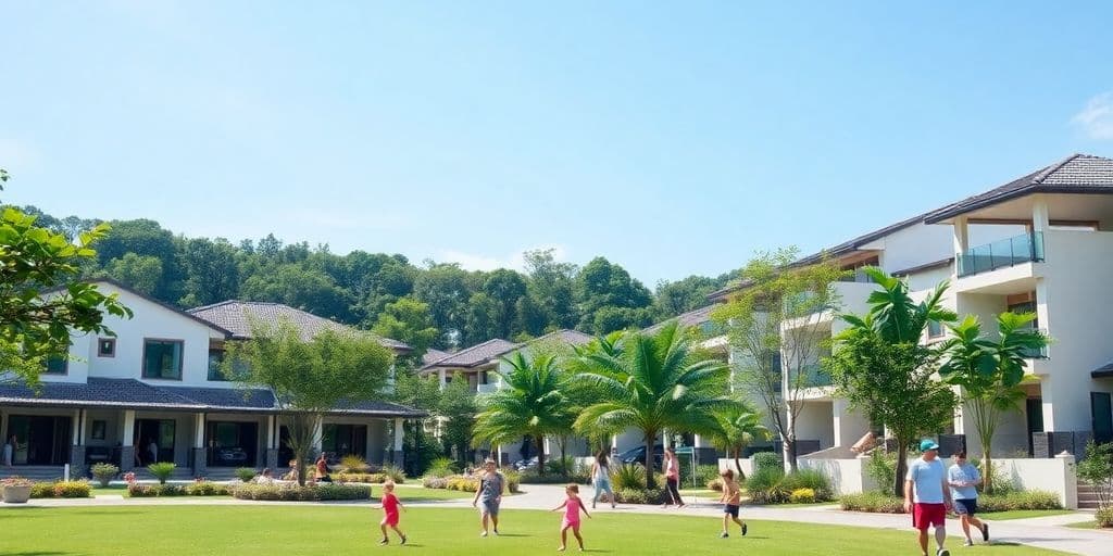 Family-friendly neighbourhood in Phuket with greenery and homes.