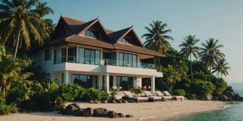 Luxurious beachfront villa in Samui with clear blue skies and palm trees, ideal for real estate investment.