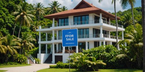 Beachfront villa in Phuket with 'For Sale' sign, lush greenery, and clear blue sky.