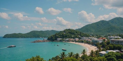 Phuket coastline with modern and traditional buildings, showcasing the real estate market.