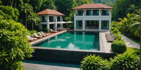 Luxurious villa with private pool in Phuket, Thailand, surrounded by lush greenery and serene environment.