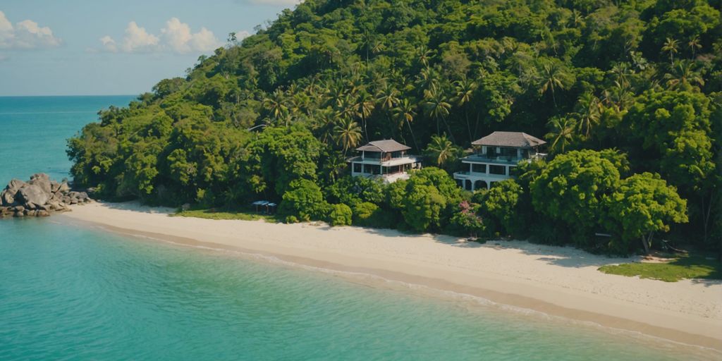 Beachfront property in Samui with clear blue waters and lush greenery, highlighting real estate investment opportunities.