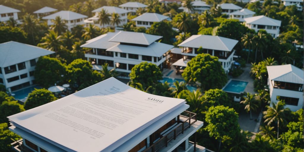 Aerial view of Samui properties with legal documents overlay
