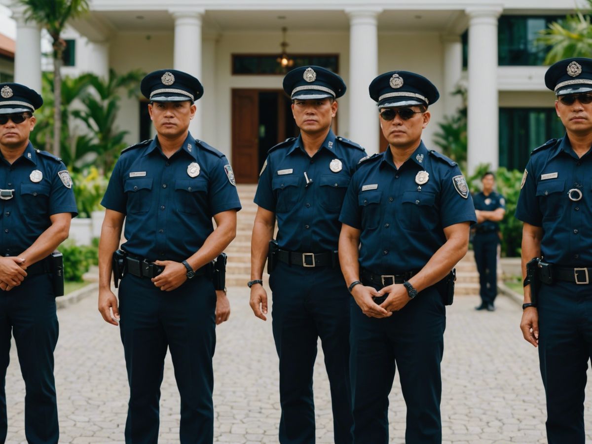 Thai police officers escorting Russian investors out of a luxury villa in Phuket during a crackdown.