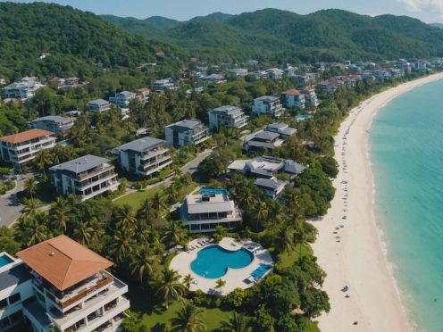 Aerial view of Phuket beachfront properties with construction cranes and blue waters, highlighting real estate boom.