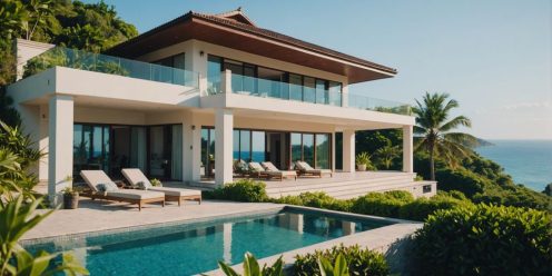 Luxurious villa in Phuket with private pool, ocean view, and lush greenery under a clear blue sky.