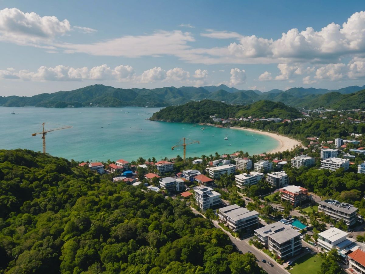 Aerial view of Phuket's coastline with luxury properties and construction cranes, indicating real estate boom and foreign investment.
