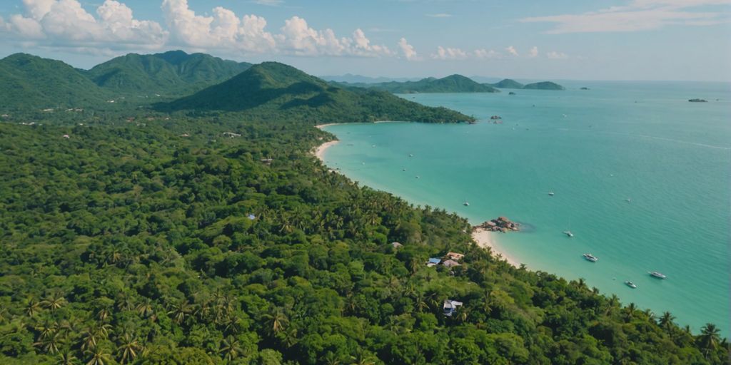 Aerial view of Samui island with lush greenery and coastline