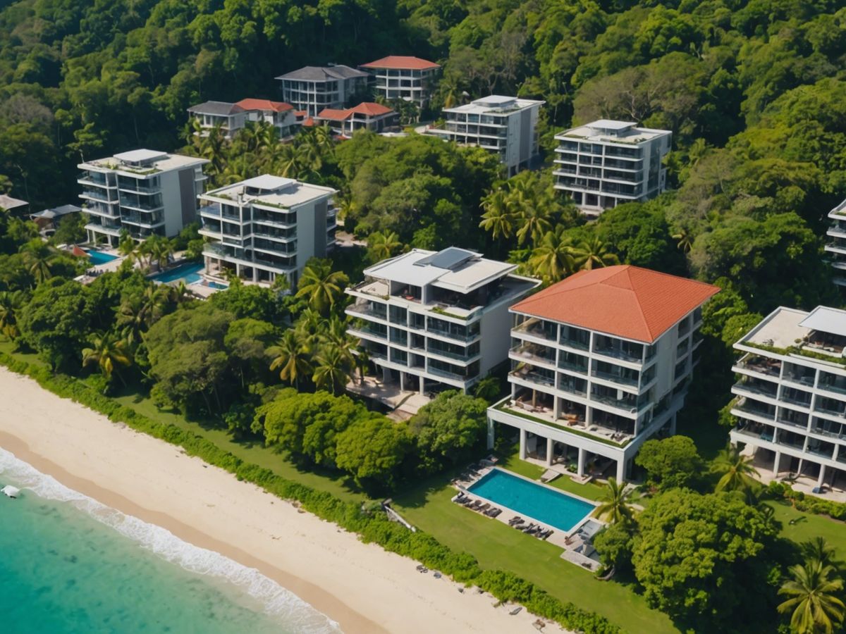 Aerial view of Phuket beachfront properties with construction cranes and greenery.