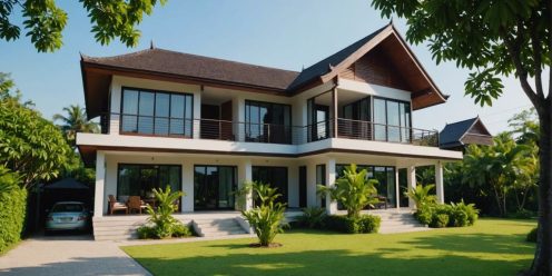 Modern Thai house with lush greenery and blue sky, representing property buying in Thailand.