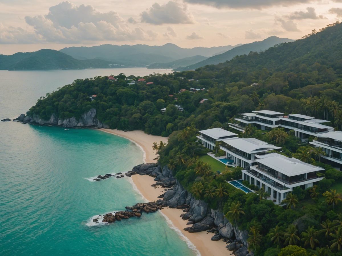 Aerial view of Phuket luxury villas and coastline.