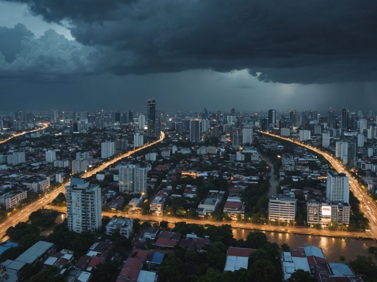 Thailand cityscape under heavy rain clouds with flash floods warning.