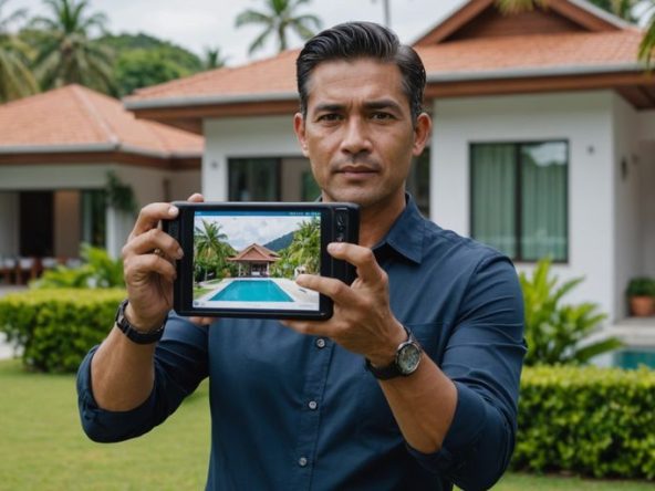Real estate agent in Phuket showing property listings.