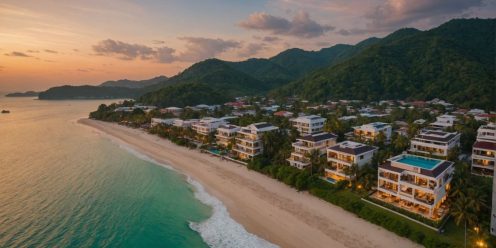 Luxurious Phuket beachfront properties with sunset view.