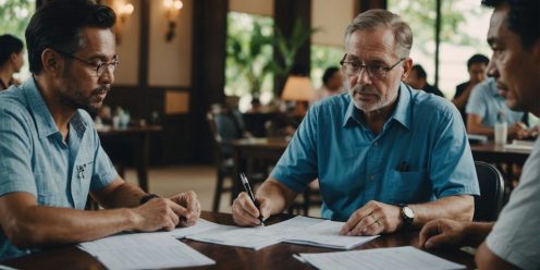 Foreigners consulting with a local advisor about property taxes.