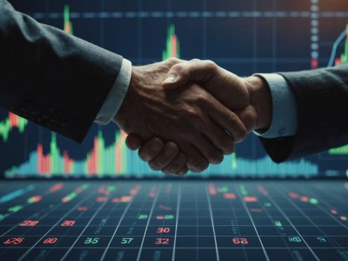 Business handshake with financial charts and investment graphics