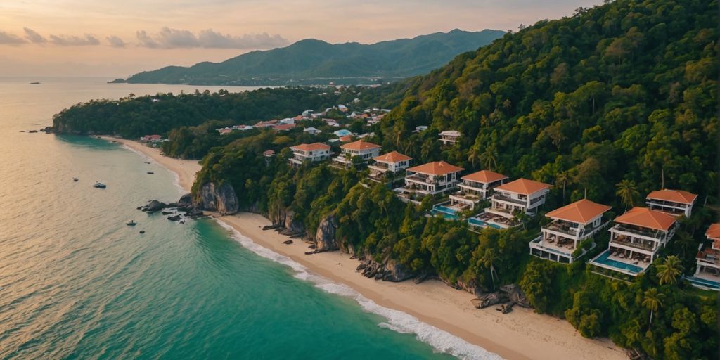 Luxurious Phuket homes along the coastline at sunset.