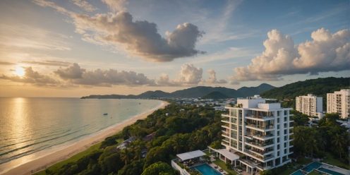 Phuket condos near beach at sunset aerial view.