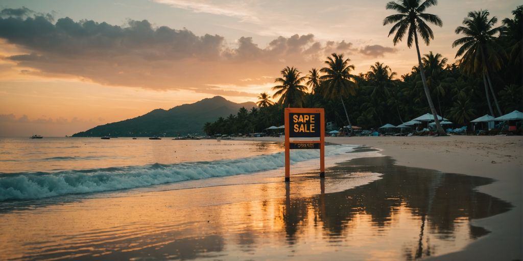 Samui beach at sunset with a 'For Sale' sign.