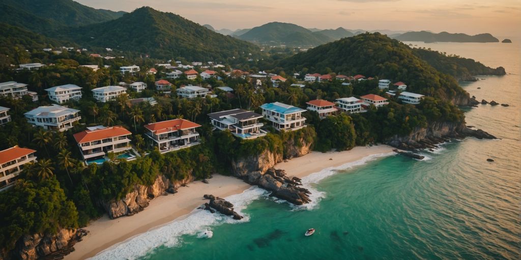 Luxurious Phuket homes along the coastline at sunset.