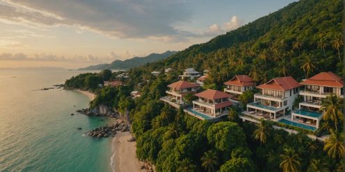 Luxurious villas along Samui coastline at sunset.