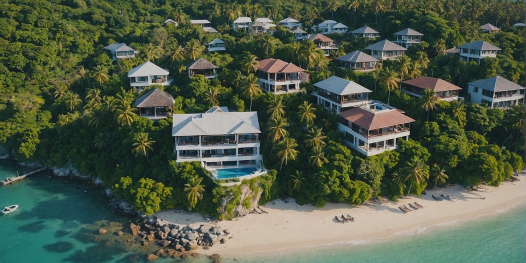 Luxury villas on Samui island coastline aerial view