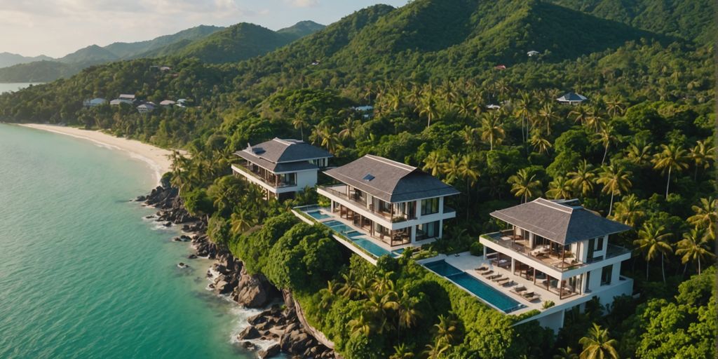 Aerial view of luxury villas in Samui's lush landscape.