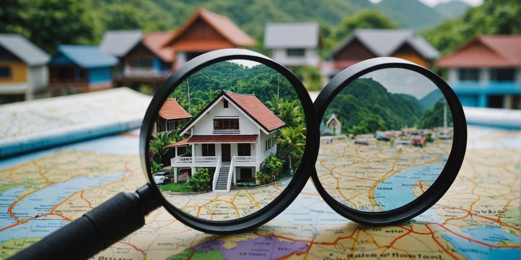 Magnifying glass over house on Thailand map.