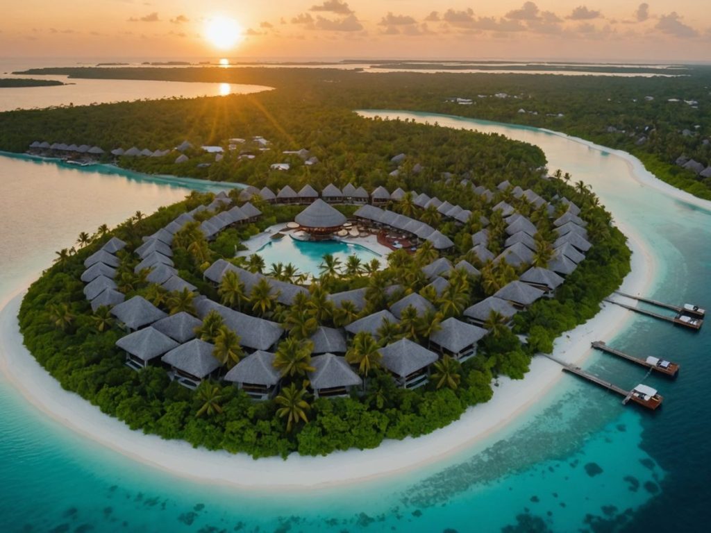 Centara Mirage Lagoon Maldives resort aerial view at sunset.