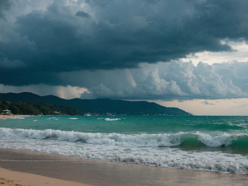 Dark storm clouds loom over Phuket's coastline