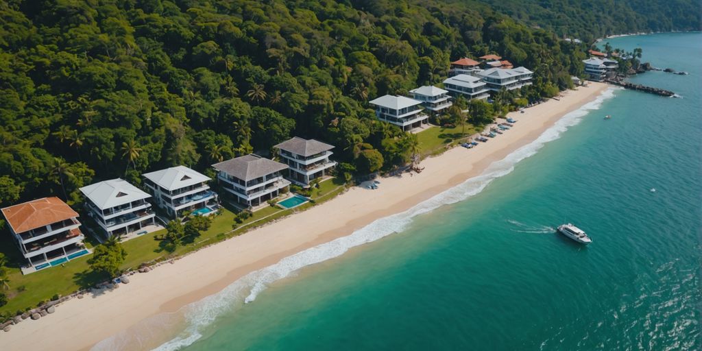 Aerial view of Phuket's coastal villas and clear waters.