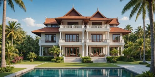 Luxurious villa in Thailand with garden and palm trees.