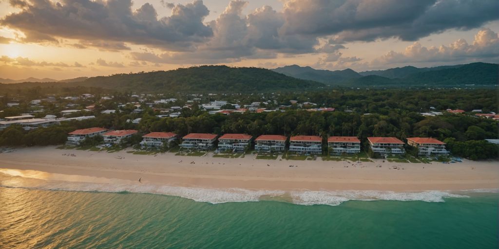 Luxurious Phuket beachfront properties at sunset aerial view.