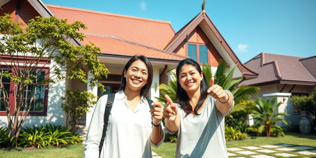 Foreign couple with keys in front of Thai house