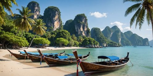 Thai beach with boats and palm trees