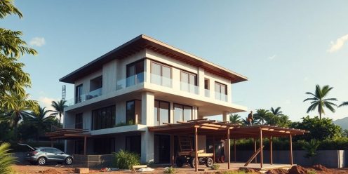 Villa construction in Phuket with workers and greenery