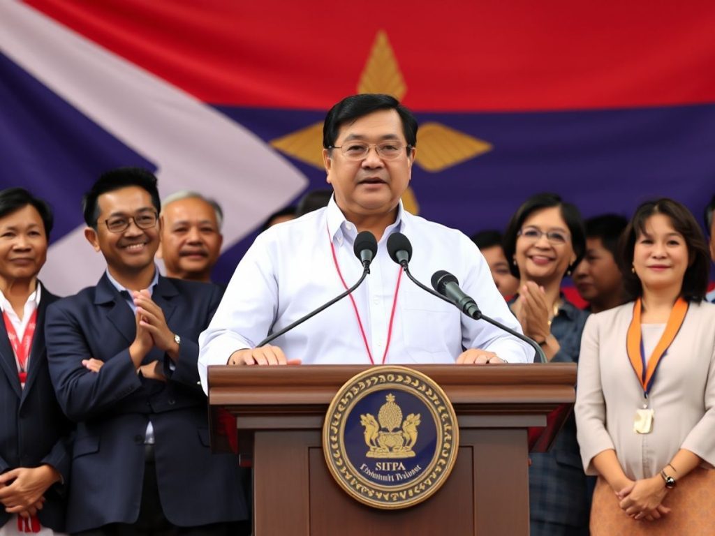 Paetongtarn Shinawatra at podium with coalition members