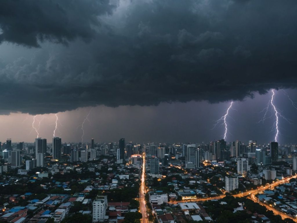 Stormy skies over Thailand cities with heavy rainfall