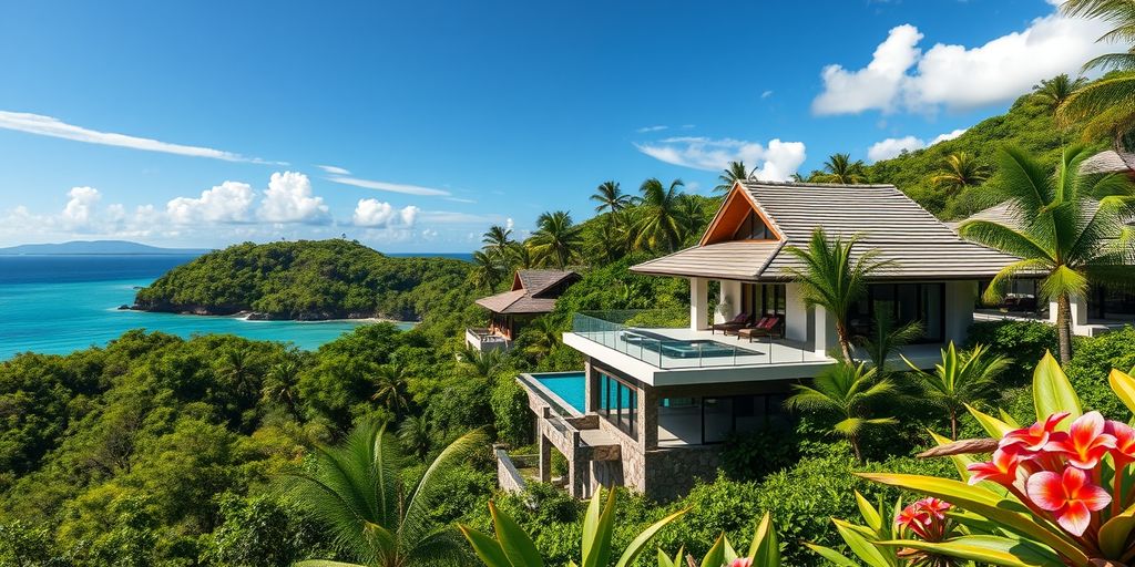 Luxurious Phuket villas with stunning ocean views and greenery.