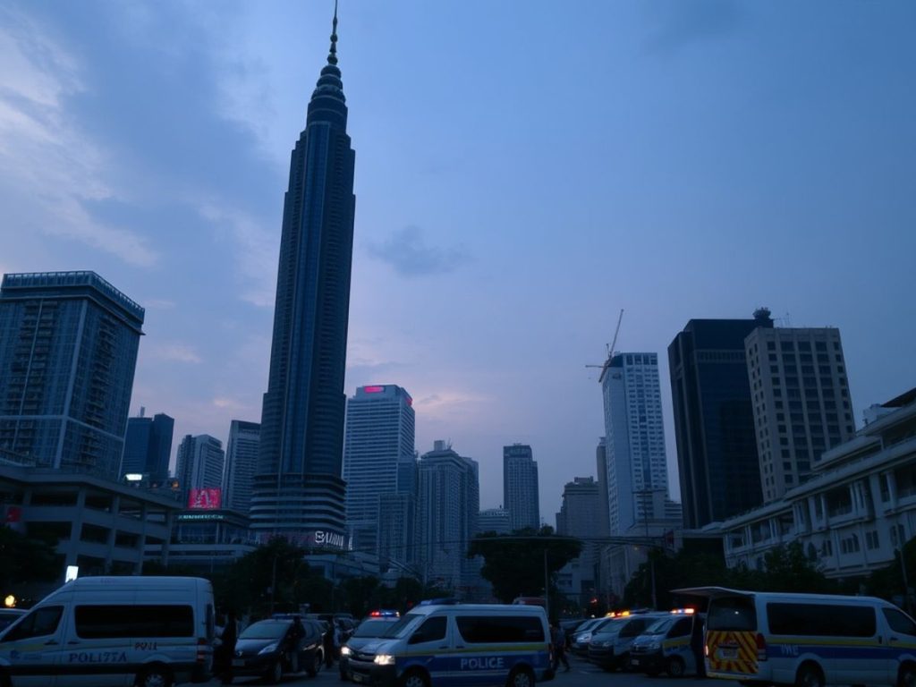 Bangkok skyscraper with emergency vehicles below