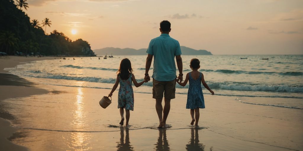 Family having fun on Phuket beach at sunset