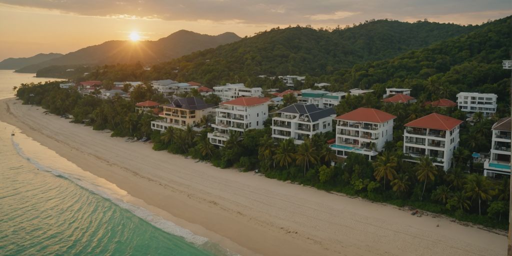 Phuket beachfront properties aerial view at sunset